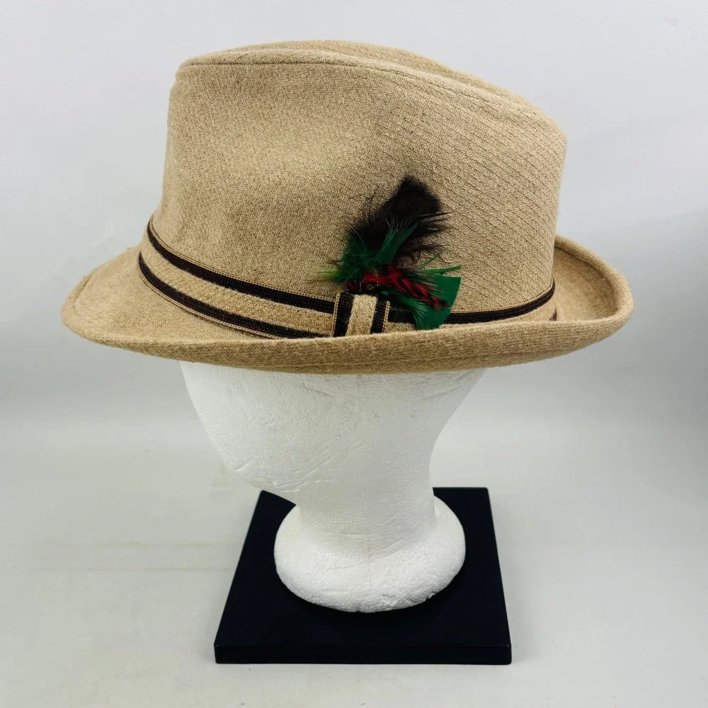 Vintage Stevens Tweed Feather Fedora Mens 7 3/8 Tan Wool USA Made